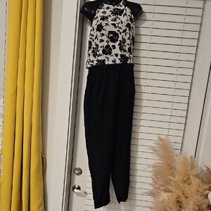 Floral Halter Jumpsuit - Black and White